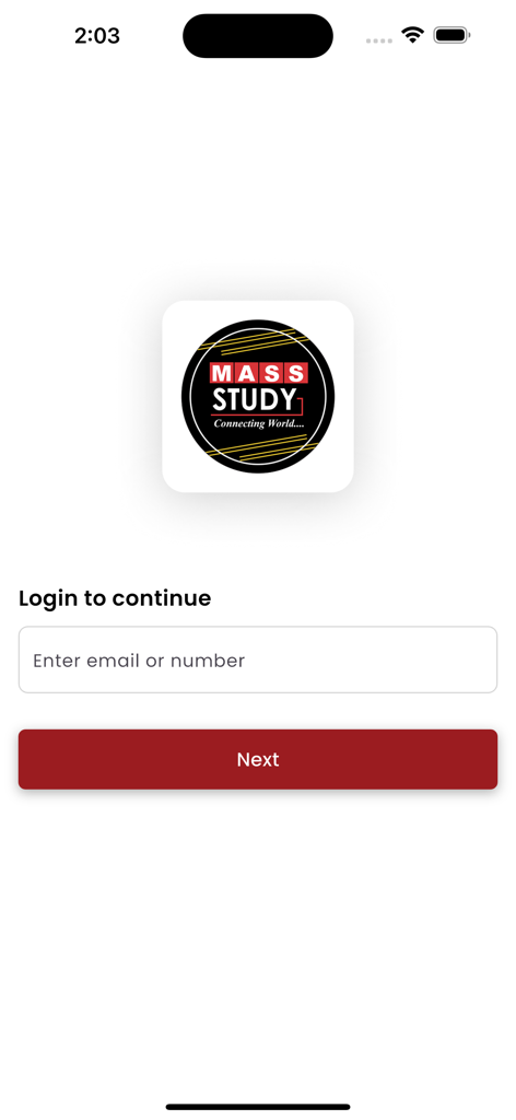Mass Study - Login screen of the Mass Study mobile application featuring an email input field and a Next button.