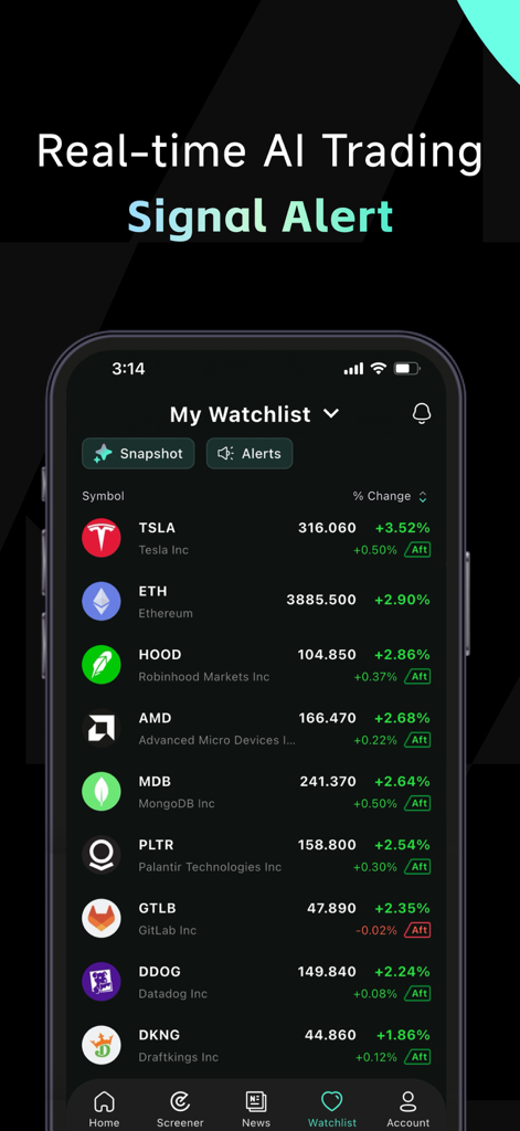 Écran de l'application mobile montrant des alertes boursières en temps réel et une liste de surveillance de trading personnalisée