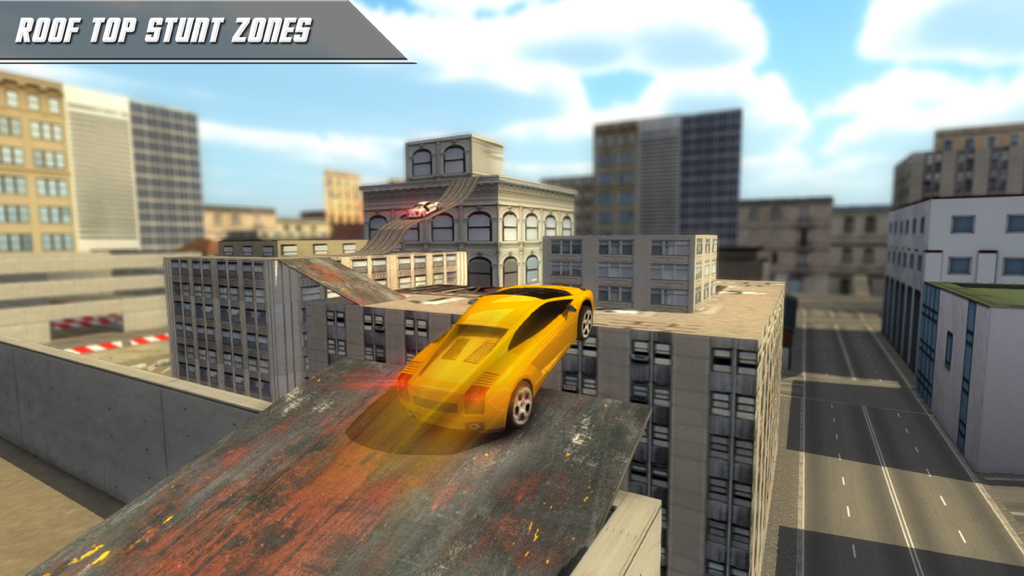 Car Parking free - The Real Driving Experience - Un coche deportivo amarillo saltando entre edificios de la ciudad en la zona de acrobacias en azoteas