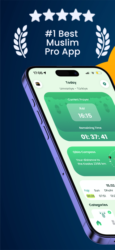 Muslim AI Prayer Times Athan - Mobile app dashboard displaying Islamic prayer times, a countdown to the next prayer, and a Qibla compass on an iPhone screen