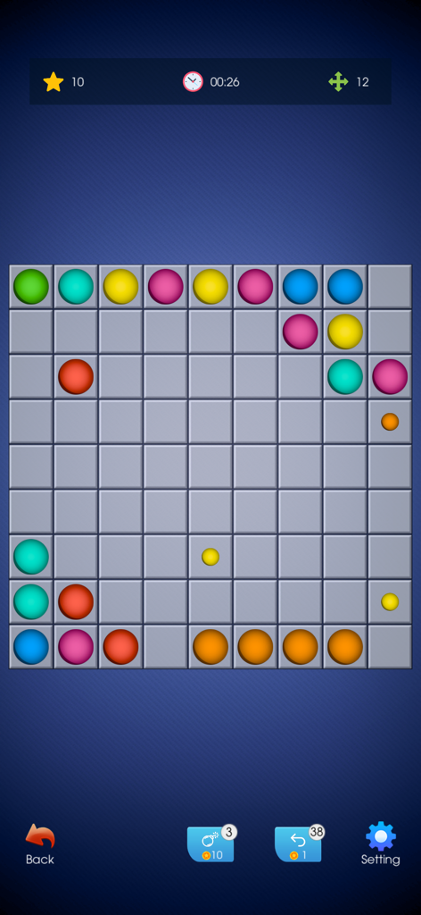 Offline Games - Puzzle Fun - Gameplay screenshot of a color lines puzzle featuring colorful balls on a grey grid in the Offline Games app