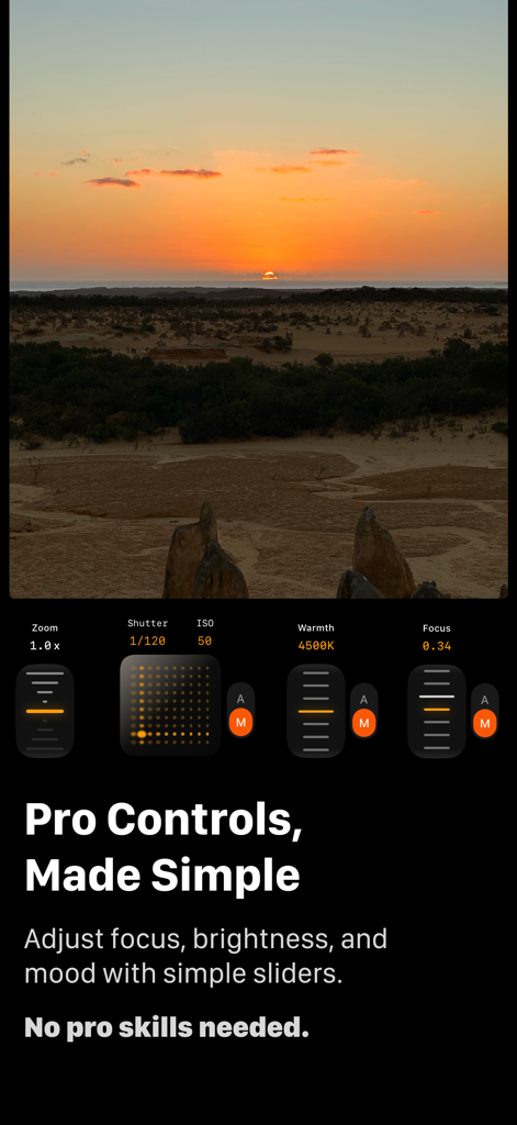 Manual camera controls interface in the OpenCam app showing settings for zoom shutter ISO warmth and focus