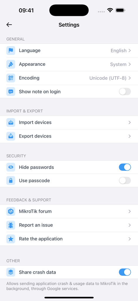 MikroTik app settings interface showing security and general configuration options