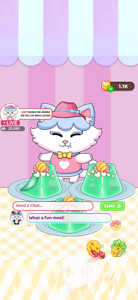 Jelly Yum Run Eating ASMR Game - Jelly Yum Run ASMRゲームで、ゼリーむくばん食事チャレンジのライブストリーミングをしている漫画の猫キャラクター