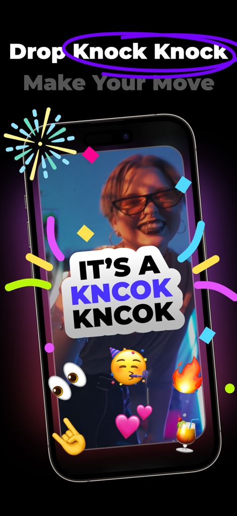 Pantalla de la app KnocKnock mostrando un perfil de video con emojis divertidos y el texto It is a Knock Knock.