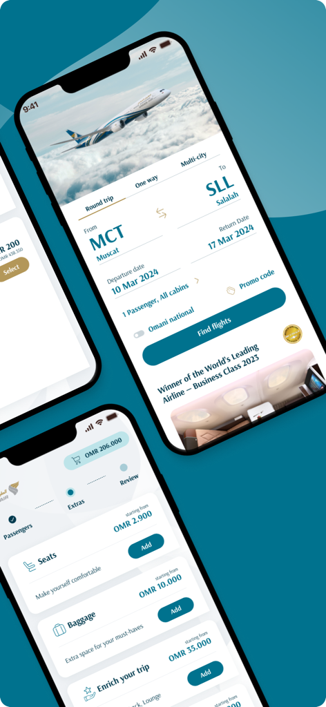 Captures d'écran de l'application mobile Oman Air montrant les interfaces de réservation de vols et de gestion de voyage sur un iPhone