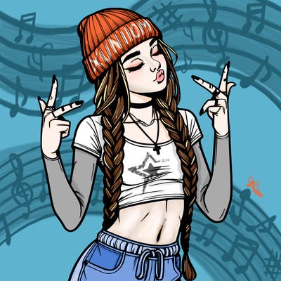 realistic teenage girl with braids and a beanie and crop top doing 🫶🏼