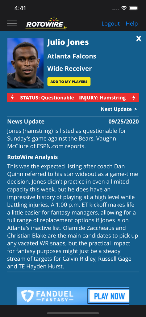Informations détaillées sur les sports fantasy et l'état de santé du joueur NFL Julio Jones (blessure).