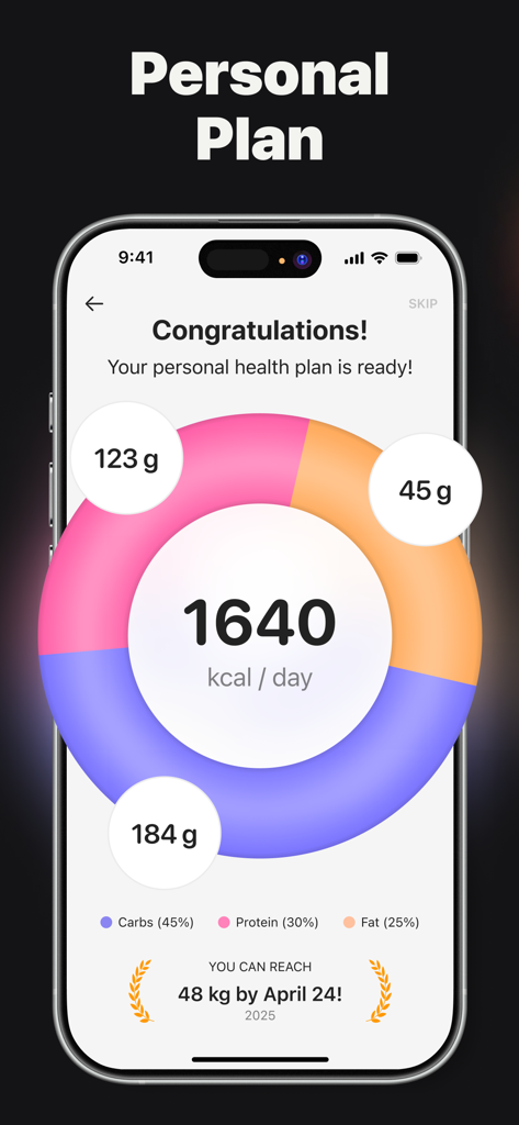 Calz - Calorie Counter AI - Pantalla del plan de salud personal de la aplicación Calz que muestra el objetivo diario de calorías y el desglose de macronutrientes