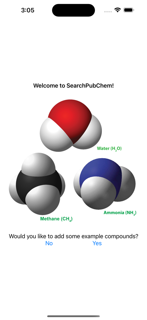 Search PubChem - Welcome screen of Search PubChem app displaying 3D molecular models of Water Methane and Ammonia