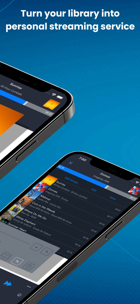 Dos iPhones mostrando la interfaz de la aplicación CloudBeats para streaming de música personal