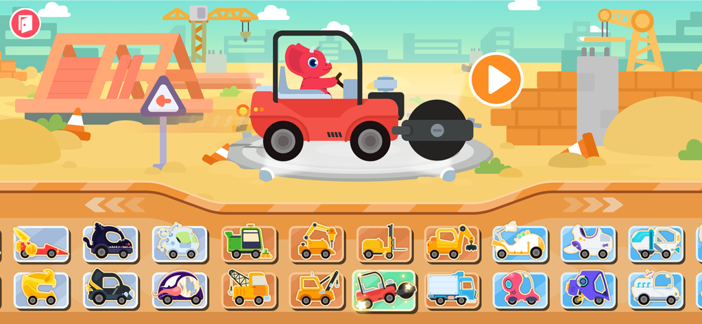 Dinosaur Car games for kids - A dinosaur driving a steamroller in a construction themed level with a car selection menu.