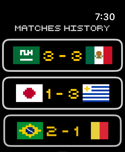 Soccer Arcade Spielverlauf-Bildschirm mit Spielergebnissen und Nationalflaggen auf der Apple Watch