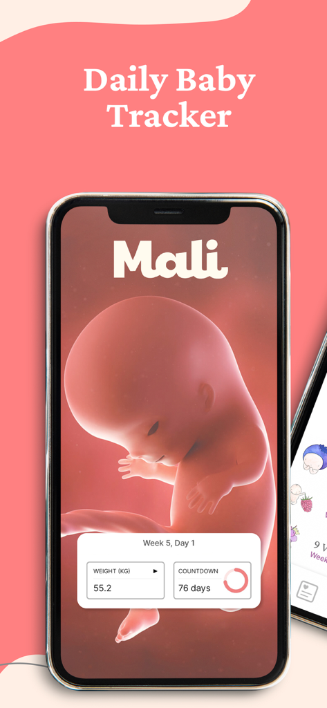 Mali app interface showing a 3D fetus illustration and pregnancy progress tracking for week five
