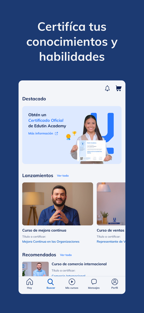 Edutin Academy - Interfaz de la aplicación móvil de Edutin Academy mostrando varios cursos profesionales y oportunidades de certificación.