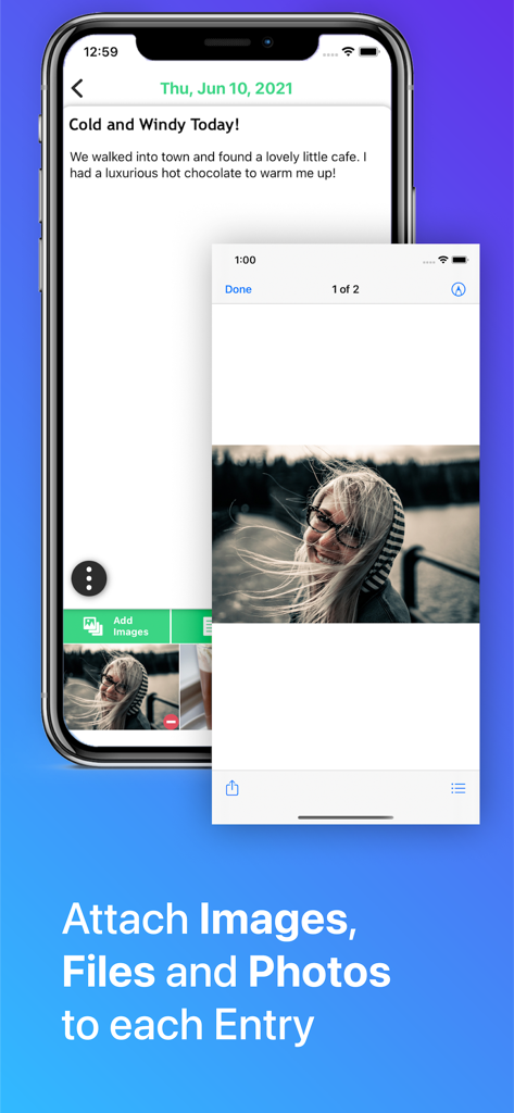 iDailyDiary: Diary Journal - Interfaz de la aplicación iDailyDiary mostrando una entrada de diario con una foto adjunta y texto sobre un día ventoso.