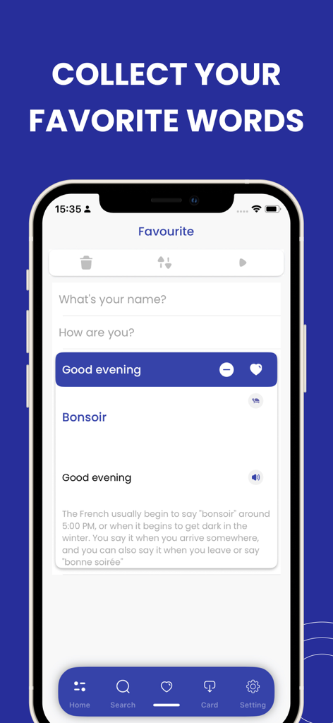Learn French -Travel in France - Learn French app favorites screen showing a list of saved phrases with translations and cultural usage tips