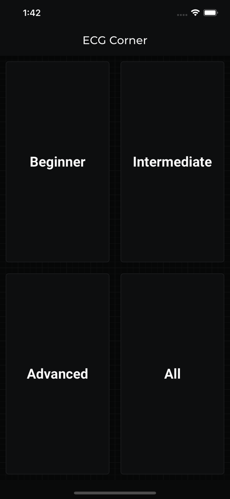 ECG Corner - ECG Corner menu screen with beginner intermediate and advanced difficulty levels