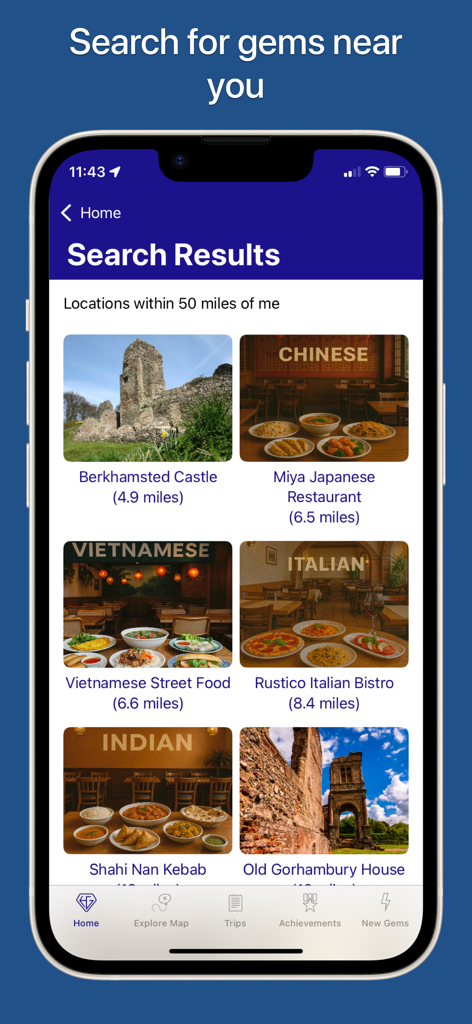 UK Hidden Gems - Search results in the UK Hidden Gems app displaying nearby historical castles and local restaurants.