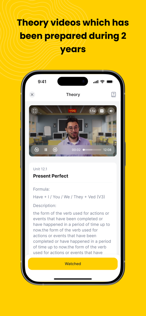 A mobile app screen displaying an English grammar theory video lesson on the present perfect tense.