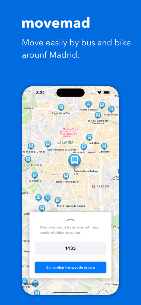 movemad - Madrid EMT & bicimad - Mobile app screenshot of Movemad showing a map of Madrid with bus stop icons and a real-time wait time search interface.