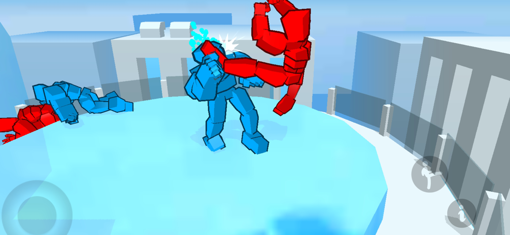 빨간색과 파란색 스틱맨 캐릭터가 래그돌 물리학을 갖춘 옥상 아레나에서 싸우는 모습