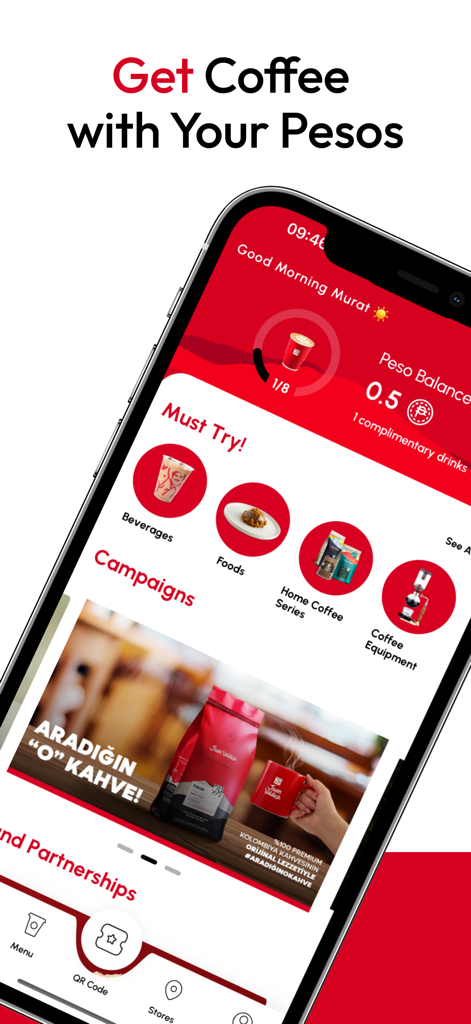 Juan Valdez Türkiye - Una interfaz de aplicación móvil que muestra el saldo de pesos de recompensas de café y las categorías de productos para Juan Valdez