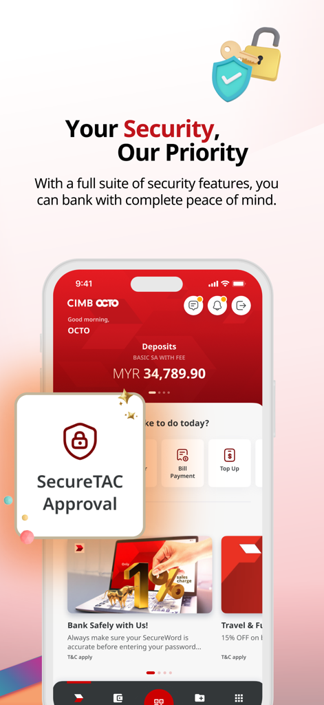 CIMB OCTO MY mobile banking app interface showcasing SecureTAC security features and account protection.
