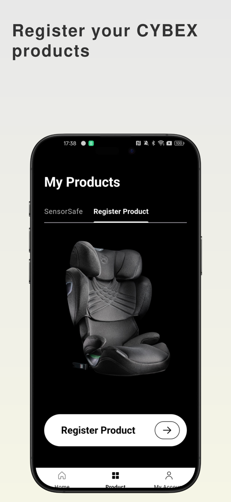 Cybex mobile app interface showing product registration for a luxury car seat