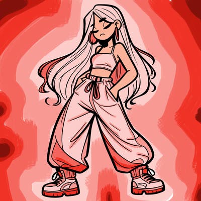 girl in baggy pants crop top and long hair