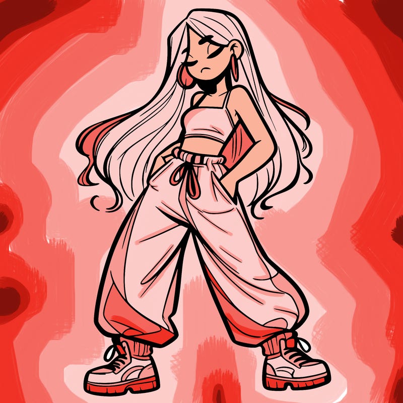 girl in baggy pants crop top and long hair