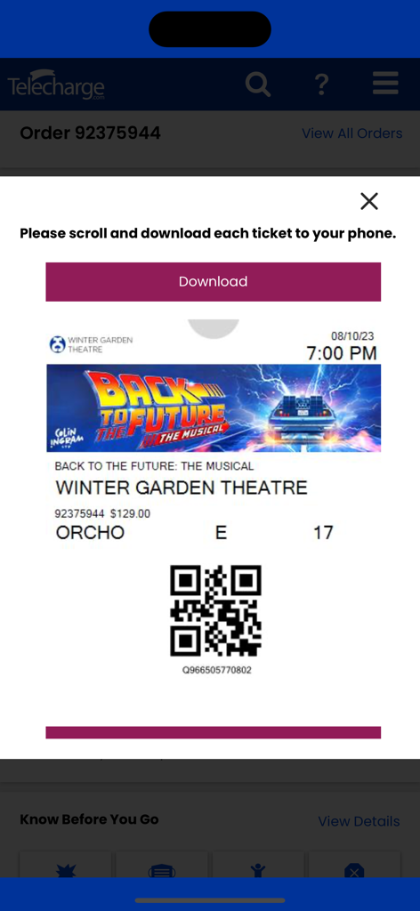 Digital ticket for Back to the Future The Musical showing seat details and QR code in the Telecharge app
