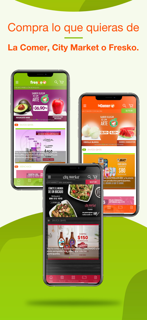 Fresko - Tres smartphones mostrando las interfaces de las aplicaciones de compras de comestibles Fresko, La Comer y City Market