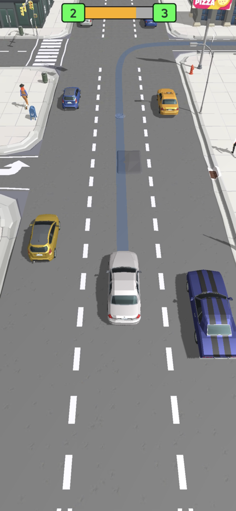 Pick Me Up 3D: Taxi Game - Vista de arriba hacia abajo de un coche blanco navegando a través del tráfico de la ciudad en una carretera de varios carriles en Pick Me Up 3D