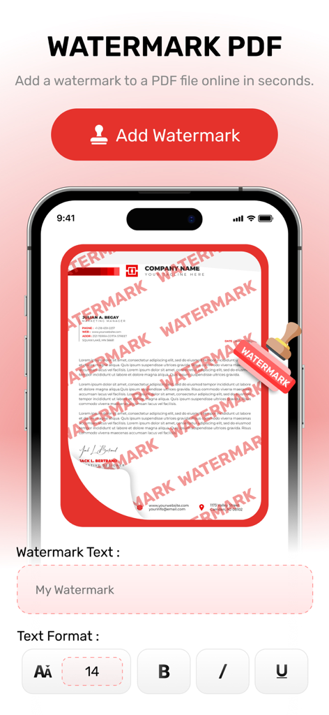 ドキュメントにテキストオーバーレイを追加するための AI PDF Editor アプリの透かし機能が表示されたスマートフォン画面。