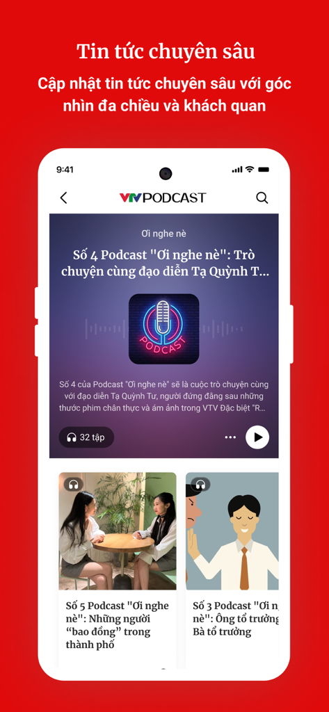 スマートフォン画面にVTV Onlineアプリのポッドキャスト機能が表示されており、ベトナム語の様々なオーディオニュースストーリーがあります。