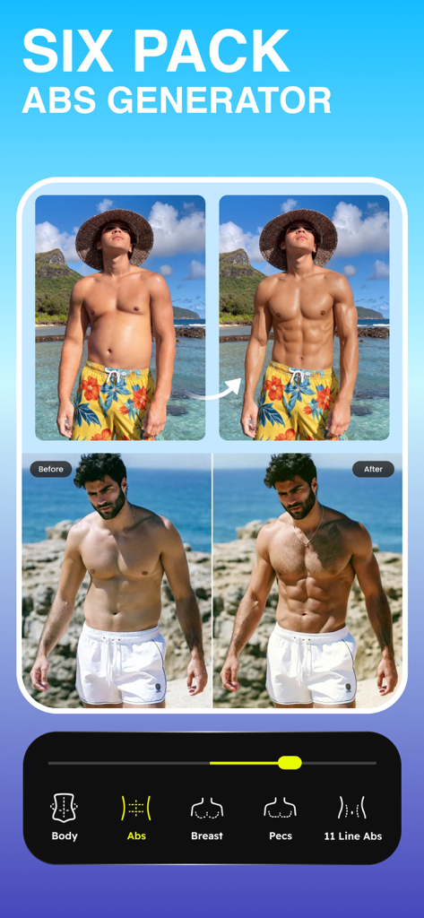 Body Editor: Slim & Muscle App - Before and after comparison of men using the Six Pack Abs Generator feature in the Body Editor app