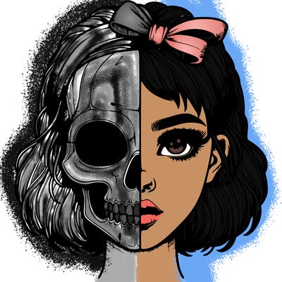 realistic girl with half skull mask