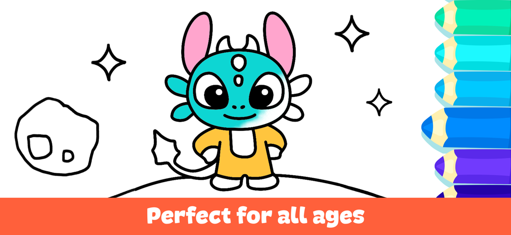 Coloring Games for Kids 3+ - Página para colorear digital para niños que muestra un personaje de monstruo adorable siendo coloreado con lápices azules y morados