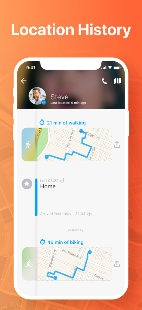 Bildschirm zeigt den Standortverlauf mit Geh- und Radwegen zur Familiensicherheit an