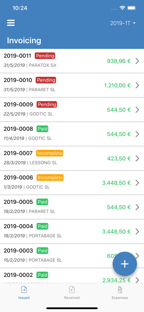 Contasimple – Invoices - Interface do aplicativo móvel exibindo uma lista de faturas emitidas com status como pagas e pendentes