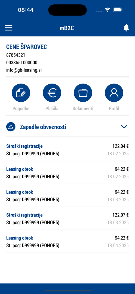 mB2C - Die Benutzeroberfläche der mB2C-App, die eine Liste überfälliger Leasingzahlungen und Registrierungskosten anzeigt.