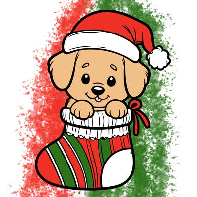 cute puppy wearing santa hat in socking