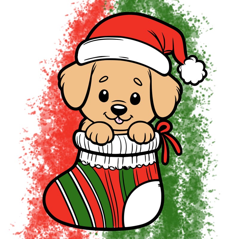 cute puppy wearing santa hat in socking