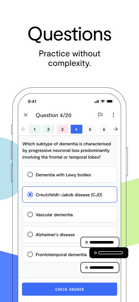 Quesmed - Mobile app interface showing a multiple-choice medical exam question about dementia subtypes.