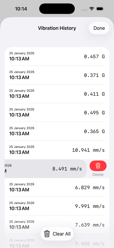 Screenshot of the Vibration History screen showing a list of time stamped vibration measurements in G force and mm per s with a delete option
