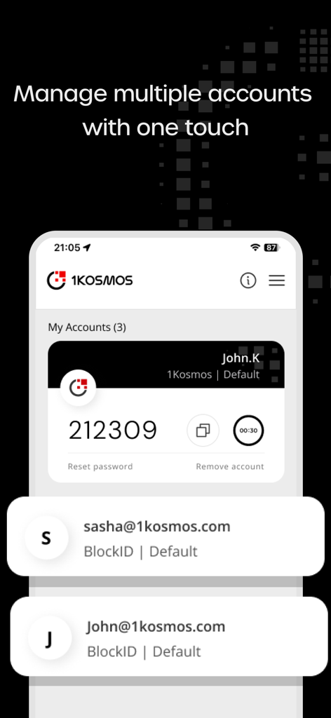 1Kosmos - 1Kosmos app interface displaying multiple digital identity accounts and an authentication code