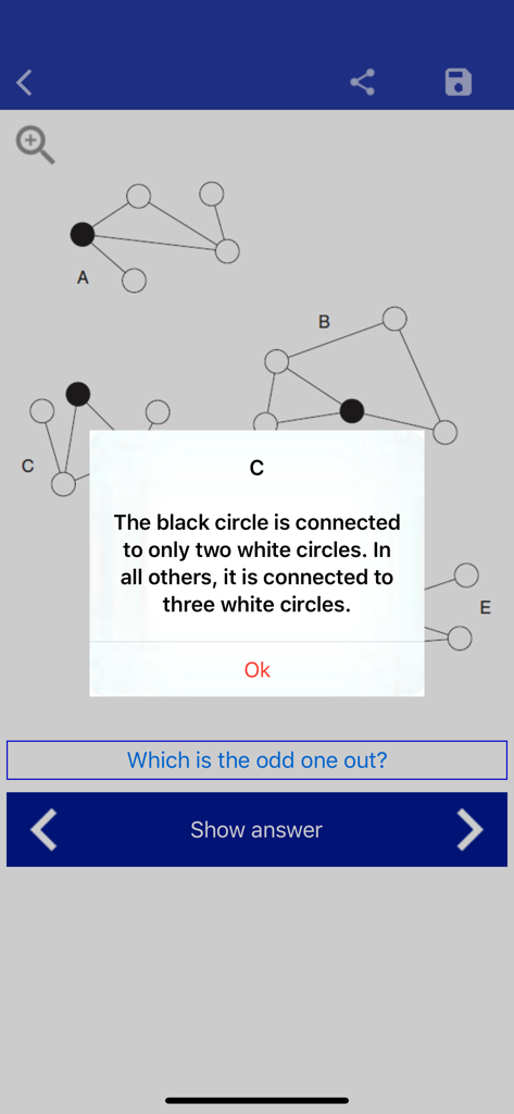 Una solución de acertijo de lógica en la aplicación Test y Entrenamiento de CI explicando por qué un patrón es el diferente.