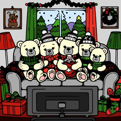 a family of bears all cozy on the couch, watching a christmas movie