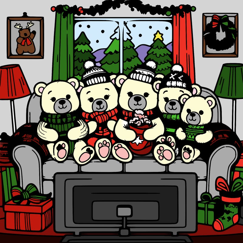 a family of bears all cozy on the couch, watching a christmas movie